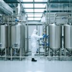 Closed-loop stainless-steel cannabis extraction equipment in a bright lab as a technician in PPE adjusts a valve, with sunlight and rooftop solar panels visible through a blurred window and heat-recovery ducting overhead.