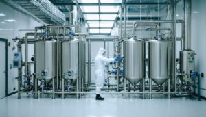 Closed-loop stainless-steel cannabis extraction equipment in a bright lab as a technician in PPE adjusts a valve, with sunlight and rooftop solar panels visible through a blurred window and heat-recovery ducting overhead.