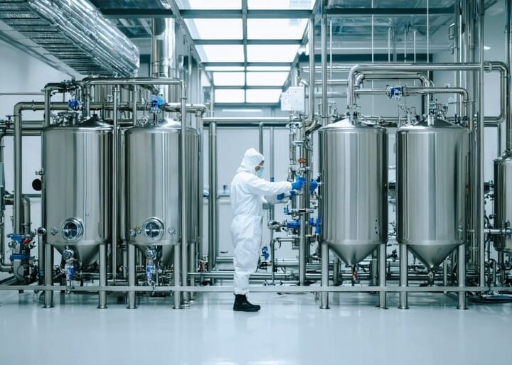 Closed-loop stainless-steel cannabis extraction equipment in a bright lab as a technician in PPE adjusts a valve, with sunlight and rooftop solar panels visible through a blurred window and heat-recovery ducting overhead.