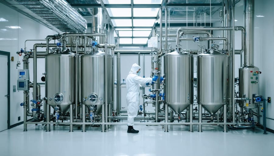 Closed-loop stainless-steel cannabis extraction equipment in a bright lab as a technician in PPE adjusts a valve, with sunlight and rooftop solar panels visible through a blurred window and heat-recovery ducting overhead.