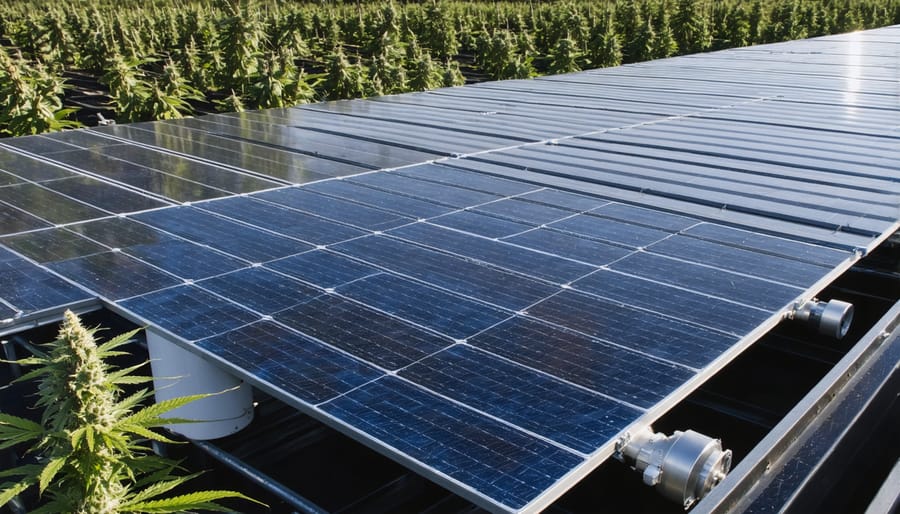 Solar panel array installed on industrial extraction facility rooftop