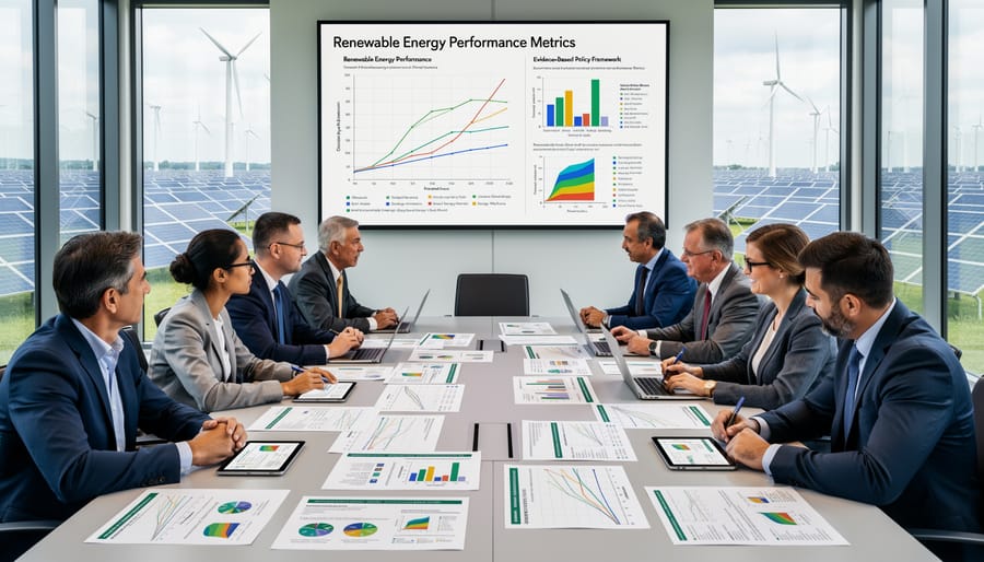 Business professionals reviewing technical documents in modern office setting