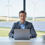 Professional at a modern desk typing on a laptop with wind turbines and a solar array visible through a large window, soft natural daylight, shallow depth of field, clean and modern office setting.
