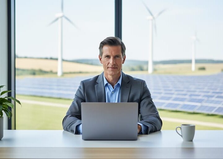 Professional at a modern desk typing on a laptop with wind turbines and a solar array visible through a large window, soft natural daylight, shallow depth of field, clean and modern office setting.