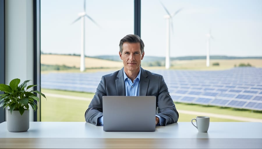 Professional at a modern desk typing on a laptop with wind turbines and a solar array visible through a large window, soft natural daylight, shallow depth of field, clean and modern office setting.