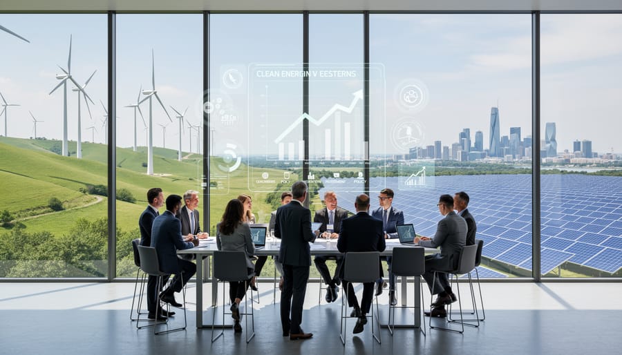 Solar panels and wind turbines on hills during golden hour showing renewable energy infrastructure