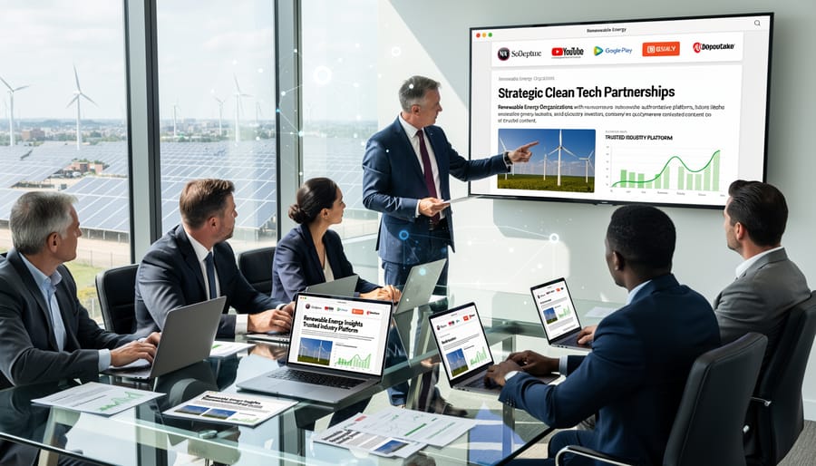 Professional workspace with laptop and renewable energy publications on desk