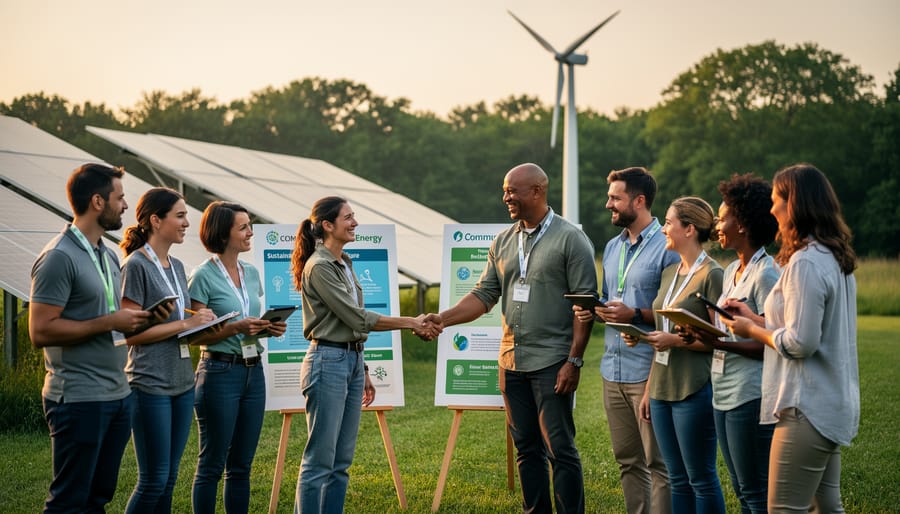 Diverse professionals collaborating in sustainable office environment with solar panels visible