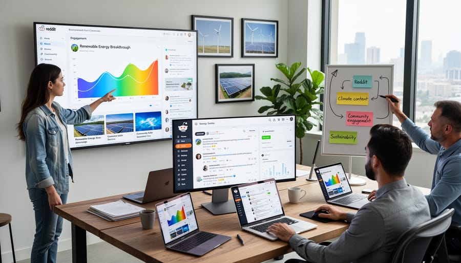 Person typing on laptop with Reddit visible on screen in professional workspace