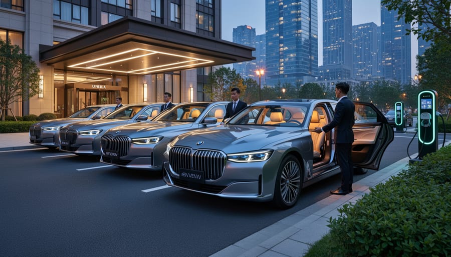 Black electric luxury sedan charging at modern station in Orlando