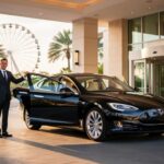Chauffeur opening the rear door of a black electric luxury sedan at a modern hotel entrance in Orlando during golden hour, with palm trees, a faint observation wheel silhouette, and an EV charging pedestal in the background.