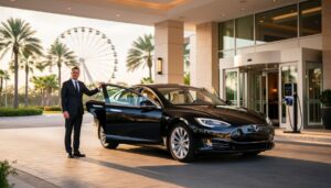 Chauffeur opening the rear door of a black electric luxury sedan at a modern hotel entrance in Orlando during golden hour, with palm trees, a faint observation wheel silhouette, and an EV charging pedestal in the background.
