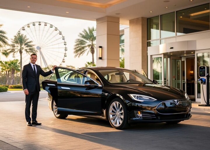 Chauffeur opening the rear door of a black electric luxury sedan at a modern hotel entrance in Orlando during golden hour, with palm trees, a faint observation wheel silhouette, and an EV charging pedestal in the background.