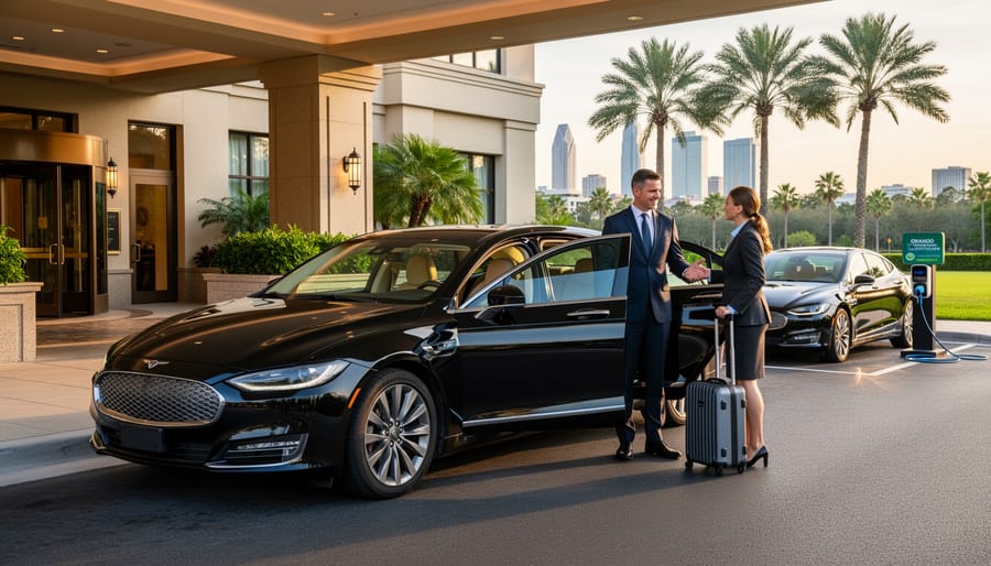 Business traveler being assisted from electric town car at Orlando airport