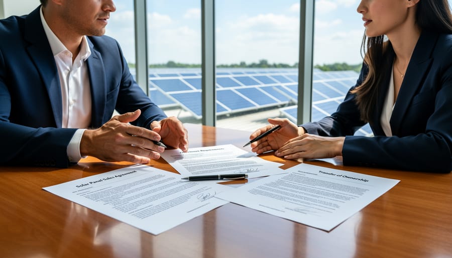 Homeowner and real estate agent reviewing solar panel documentation and contracts