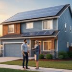 Suburban house with rooftop solar panels at golden hour, with a homeowner and real estate agent talking near the front walkway; quiet neighborhood and trees softly blurred in the background.