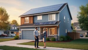 Suburban house with rooftop solar panels at golden hour, with a homeowner and real estate agent talking near the front walkway; quiet neighborhood and trees softly blurred in the background.
