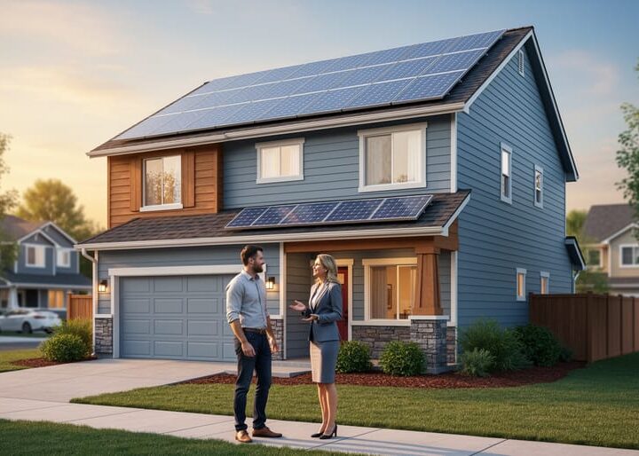 Suburban house with rooftop solar panels at golden hour, with a homeowner and real estate agent talking near the front walkway; quiet neighborhood and trees softly blurred in the background.
