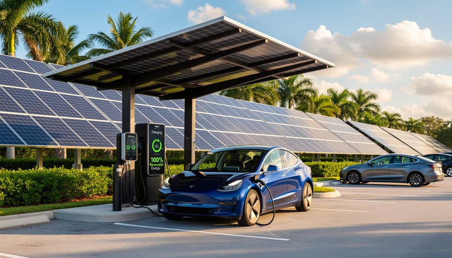 Aerial view of solar panels and electric vehicle charging station