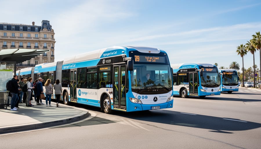 Hydrogen-powered public transit bus in operation on city street