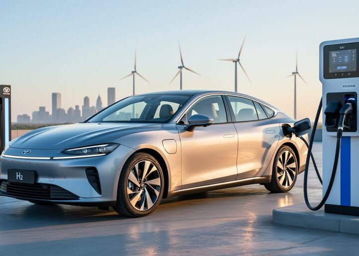 Hydrogen fuel cell car refueling at a modern pump, low three-quarter angle at sunset, with EV chargers and wind turbines softly blurred in the background.