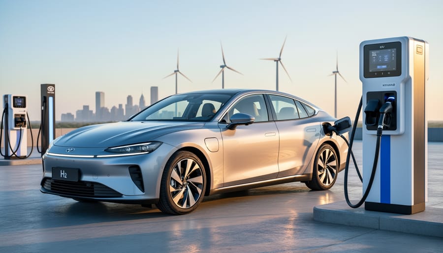 Hydrogen fuel cell car refueling at a modern pump, low three-quarter angle at sunset, with EV chargers and wind turbines softly blurred in the background.