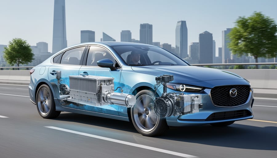Cutaway view of hydrogen fuel cell vehicle showing internal fuel cell stack and storage systems