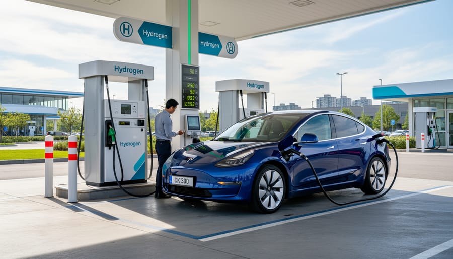 Hydrogen fuel cell vehicle refueling at modern hydrogen station