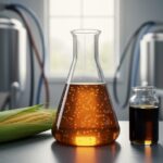 “Close-up of a lab flask with glowing biofuel culture next to corn stalk and vegetable oil, representing bacterial conversion of biomass into renewable energy.”