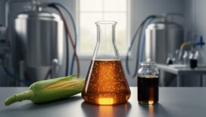 “Close-up of a lab flask with glowing biofuel culture next to corn stalk and vegetable oil, representing bacterial conversion of biomass into renewable energy.”