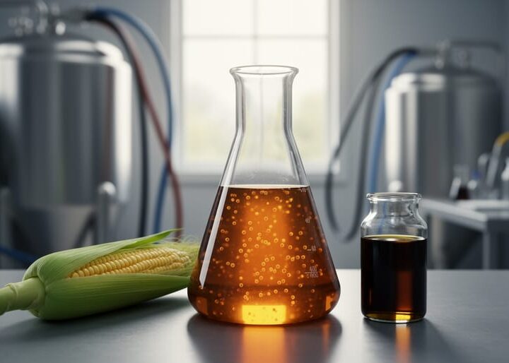 “Close-up of a lab flask with glowing biofuel culture next to corn stalk and vegetable oil, representing bacterial conversion of biomass into renewable energy.”