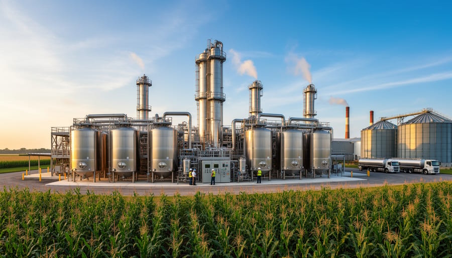 Wide view of a modern biofuel facility with stainless steel fermentation tanks outdoors under an overcast sky
