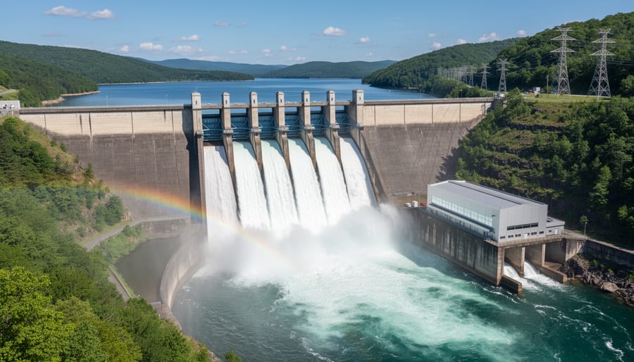 A concrete hydroelectric dam with water spilling over the spillway into a fast-moving river under golden hour light