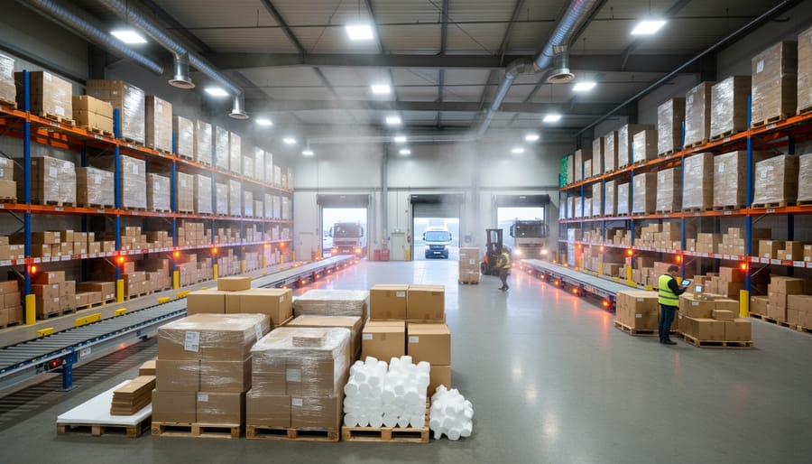 Forklift moving a stretch-wrapped pallet in a warehouse loading area, illustrating packaging and transportation impact.