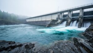 Hydroelectric dam and turbine intake with fast-flowing water on a rocky river under an overcast sky.