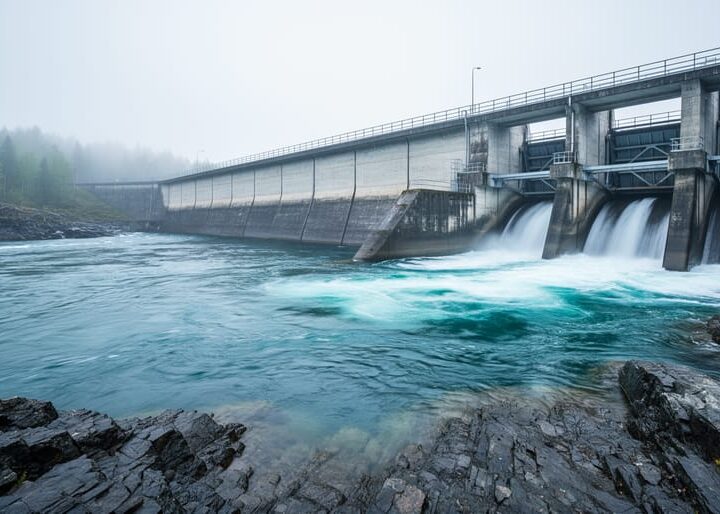 Hydroelectric dam and turbine intake with fast-flowing water on a rocky river under an overcast sky.