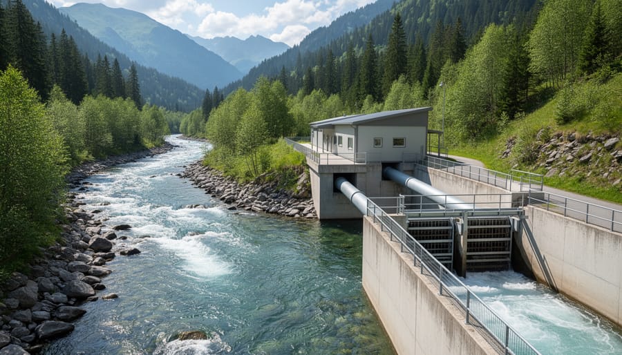 Mountain river flowing through a rocky gorge with a small hydropower intake area in the background