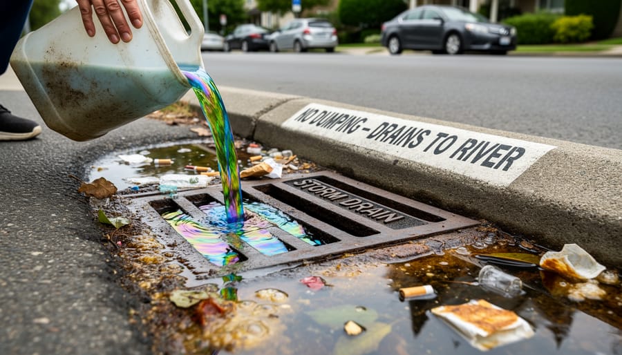 Storm drain with flowing water and visible debris near the curb, representing environmental contamination risk from improper disposal.