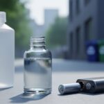 Close-up of unlabeled vape e-liquid bottle and vape device with battery and recyclable materials in a natural-urban background, suggesting environmental impact and proper disposal.
