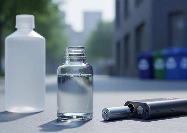 Close-up of unlabeled vape e-liquid bottle and vape device with battery and recyclable materials in a natural-urban background, suggesting environmental impact and proper disposal.