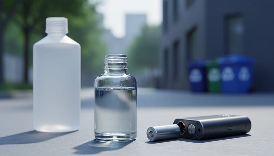 Close-up of unlabeled vape e-liquid bottle and vape device with battery and recyclable materials in a natural-urban background, suggesting environmental impact and proper disposal.