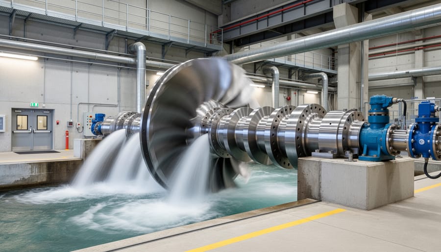 View into a hydropower plant showing a large steel turbine runner and spiral casing