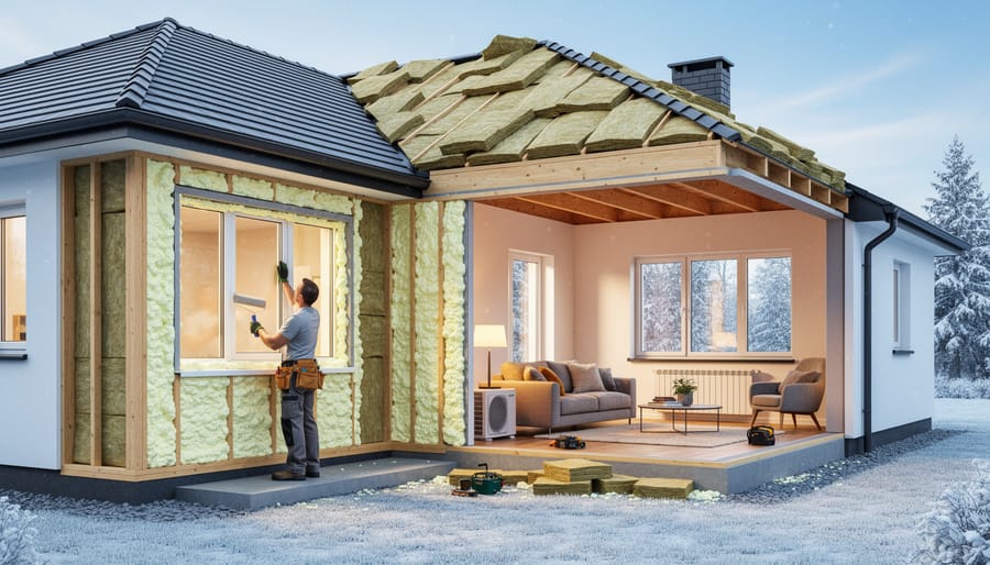Contractor applying insulation foam for air sealing in an attic around window framing