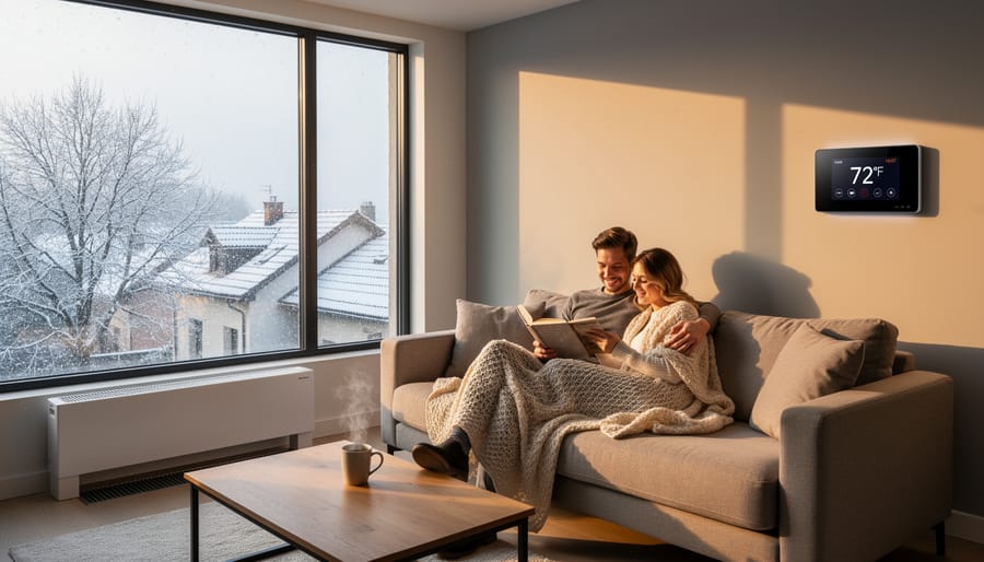 Cozy living room with warm heating visible as night falls outside