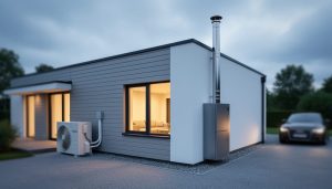 Modern house exterior at dusk showing an outdoor air-source heat pump unit and a conventional gas furnace vent on the building.