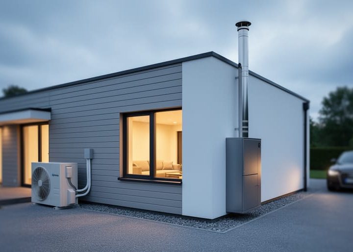 Modern house exterior at dusk showing an outdoor air-source heat pump unit and a conventional gas furnace vent on the building.