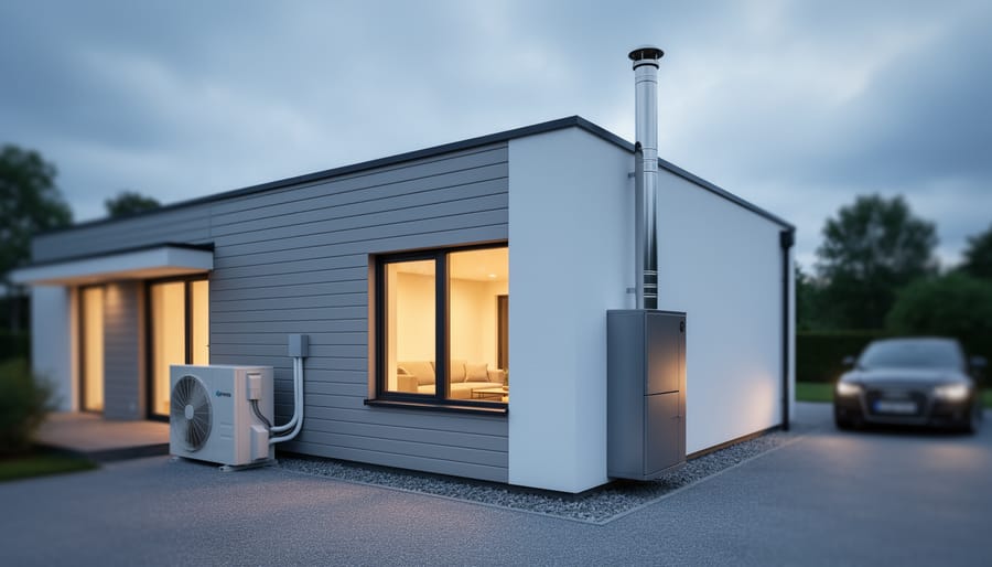 Modern house exterior at dusk showing an outdoor air-source heat pump unit and a conventional gas furnace vent on the building.