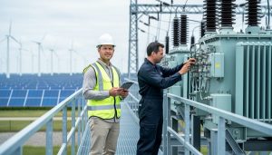 Two energy professionals inspecting electrical grid equipment at a modern substation with wind turbines and solar panels in the background.