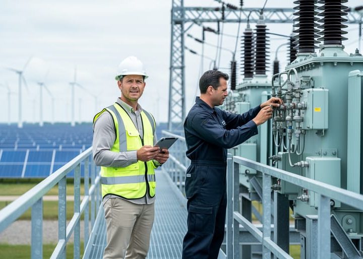 Two energy professionals inspecting electrical grid equipment at a modern substation with wind turbines and solar panels in the background.