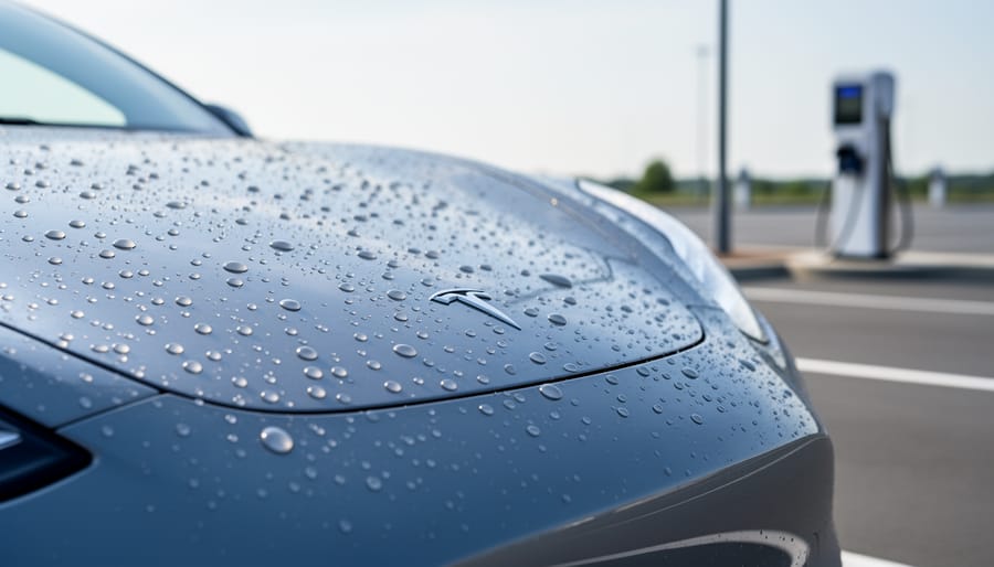 Close-up of an electric vehicle’s hood with water droplets beading on a glossy ceramic-coated paint surface.